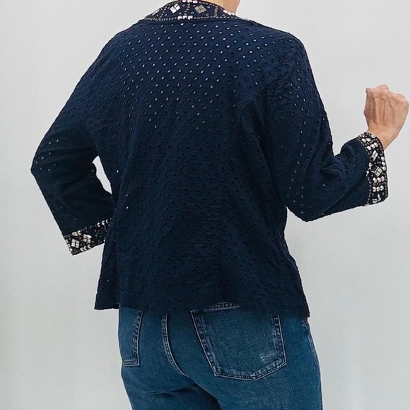 Chico’s Boho Eyelet Crochet Beaded Studded Sequins Coastal Open Cardigan Jacket - Picture 4 of 16